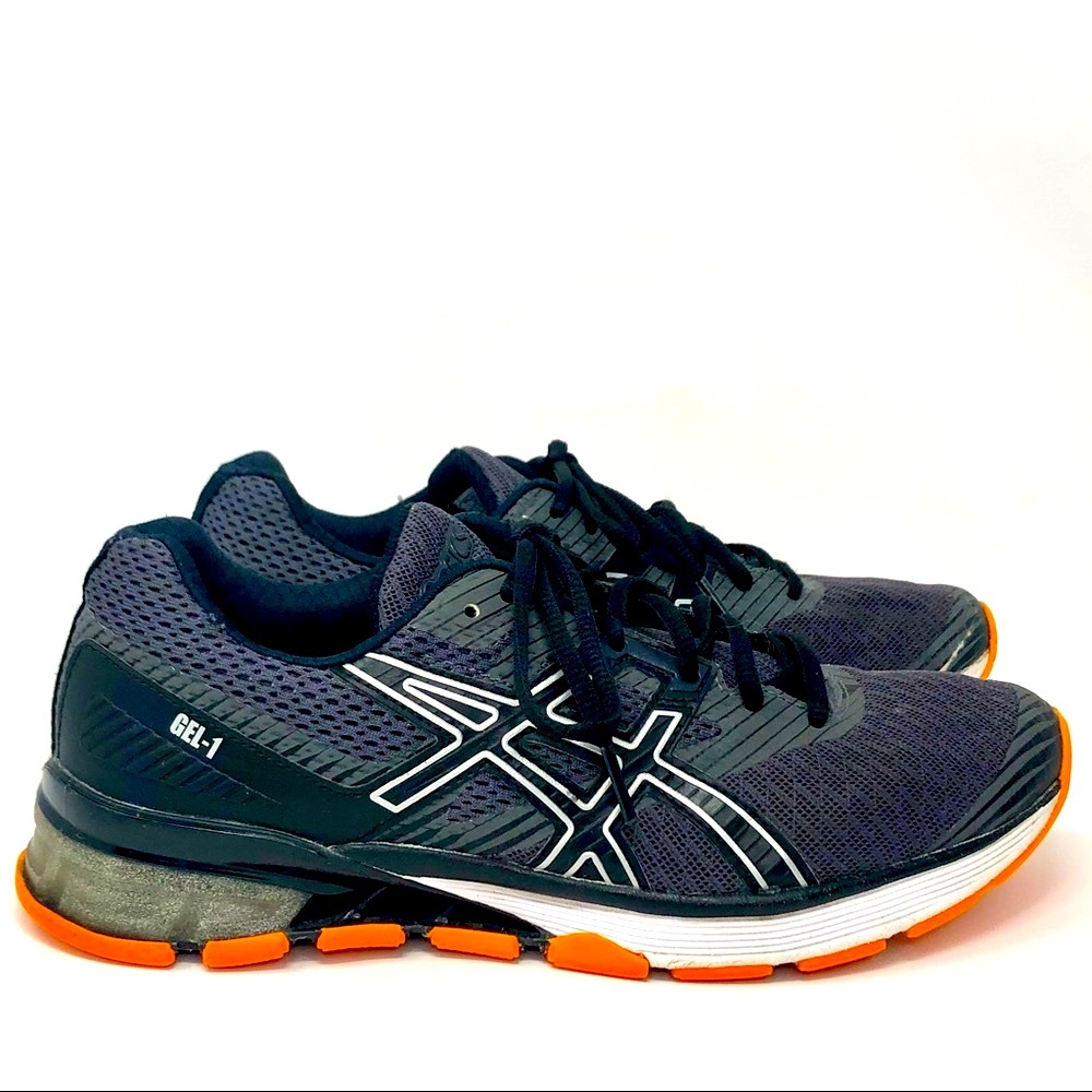 Men’s ASICS GEL-1 Dark Gray Black Orange  Sz 7 Athletic Running Shoe T71AQ.